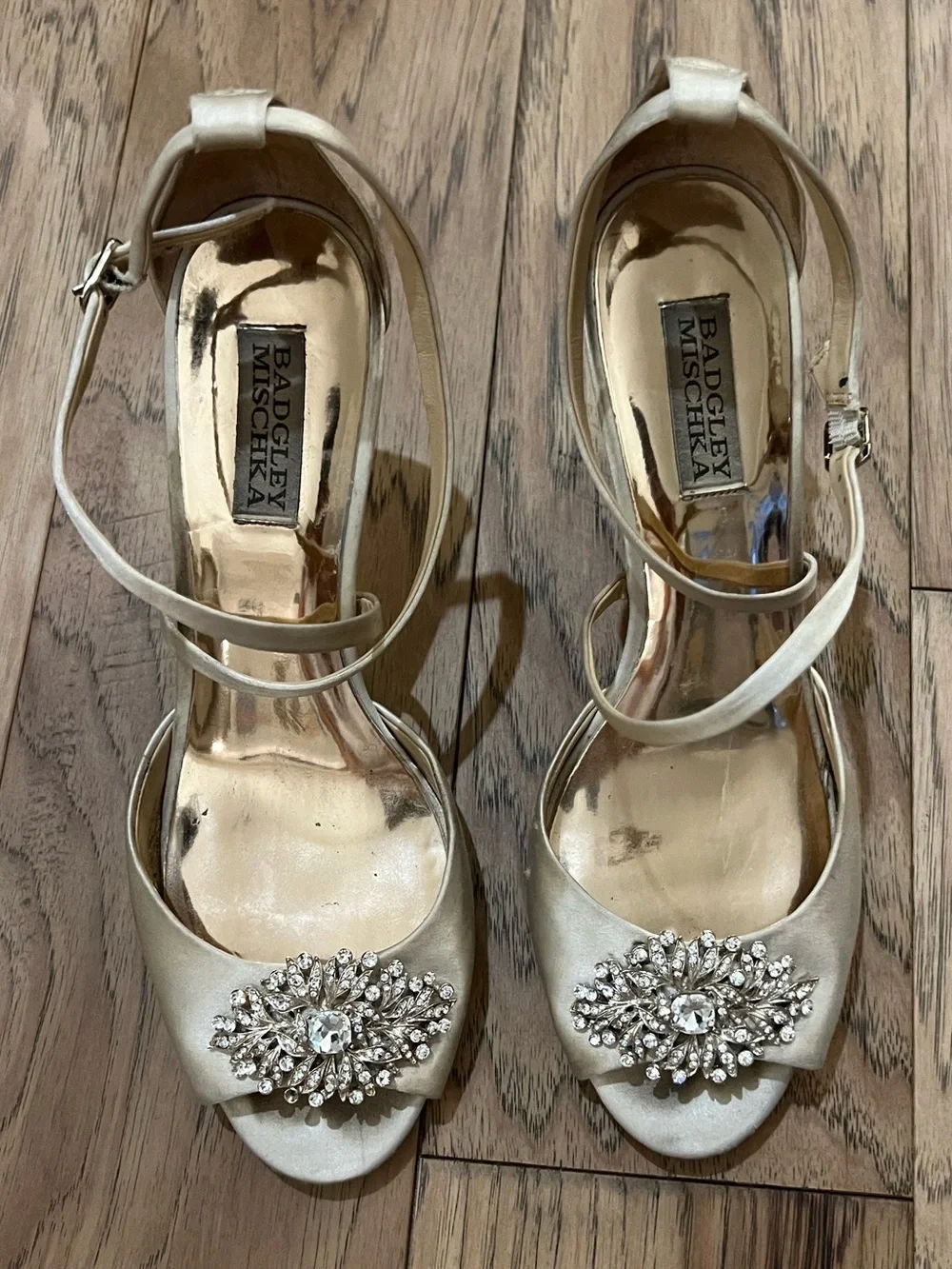 Badgley Mischka Ivory Satin Wedge Sandal with Crystal Embellishment